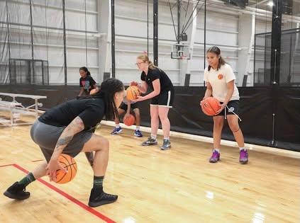 Players in athletic stances hold basketballs during a ball-handling drill.
